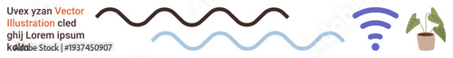 Digital communication, technology, eco-friendly design, nature , modern minimalism, decorative elements. Wavy lines, wireless symbol and a plant in a pot. Digital communication and technology