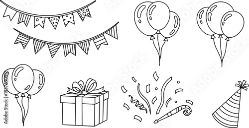 Hand Drawn Party Celebration Elements Set Bunting Balloons Gift Box Confetti Party Hat Line Art Vector