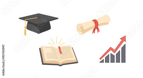 Education and achievement icons with graduation cap, diploma, open book, and rising graph for academic success and learning growth