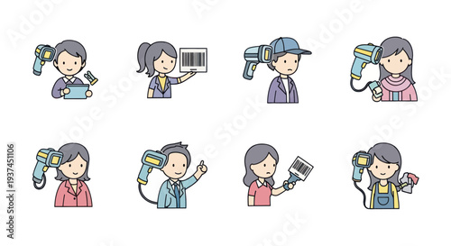 Cartoon people using barcode scanners in various actions and emotions for retail and inventory concepts, ideal for business and technology projects