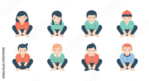 Children sitting cross-legged in casual clothing, cartoon style diverse kids illustration for education or playtime concepts