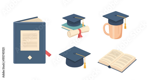 Graduation cap, diploma, books, open book and coffee mug with cap, education symbols for academic success and study concepts