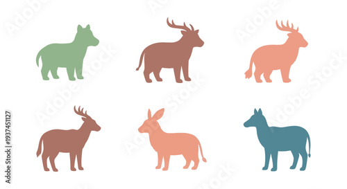 Colorful animal silhouettes of deer and dog on white background, abstract wildlife shapes, vector illustration for nature and animal design