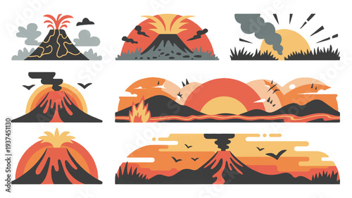 Collection of Stylized Volcano Icons and Landscapes, Abstract Natural Phenomena Graphics