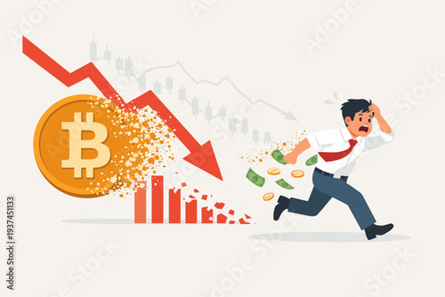 Bitcoin Price Crash Illustration with Investor Running Away in Panic as Crypto Value Dissolves into Dust, Red Downward Arrow and Falling Market Chart Representing Financial Loss and Volatility.