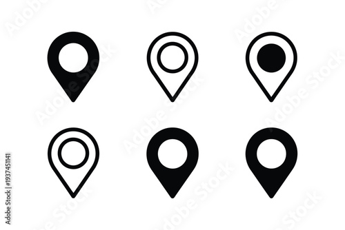 Set of six black map pin icons on white background, various styles and designs