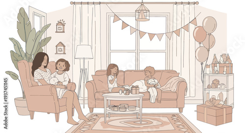 Cozy family gathering at home with mother and children enjoying celebration with balloons and gifts in a modern living room, warm atmosphere