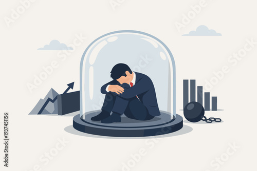 Businessman sitting inside a glass dome feeling trapped and depressed, representing business stagnation, career growth obstacles, economic limitation, and mental health issues in the workplace.