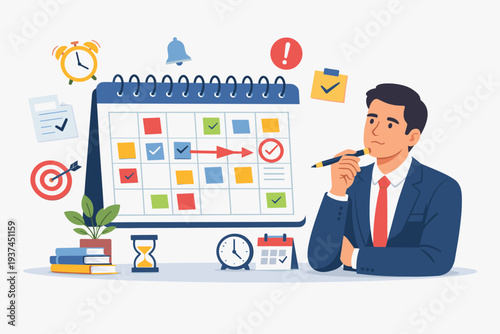 Businessman Planning Work Schedule on Large Calendar with Time Management Icons, Appointment Reminder, Task Organization, Productivity Concept, Deadline and Event Planning Vector Illustration.