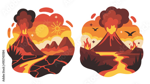 Stylized Illustrations of Volcanoes Erupting with Lava and Smoke, Dramatic Nature Scenes