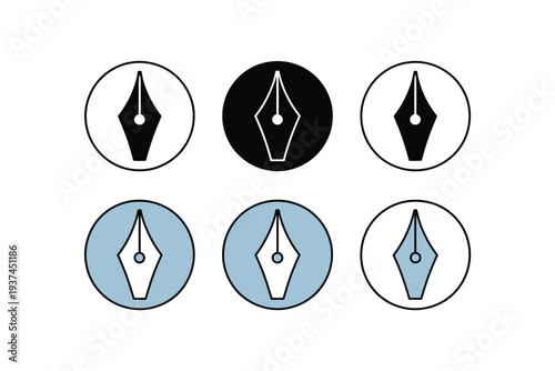 Pen nib icons in various colors and styles, graphic design elements
