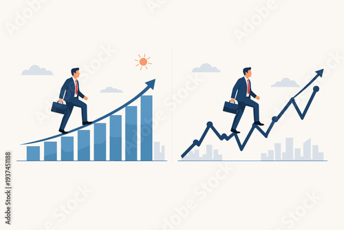 Businessman climbing up a growth graph comparing ideal steady progress and realistic volatile path. Concept of career development, financial investment, market fluctuations, and business success.
