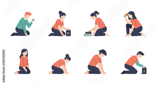 Group of diverse people kneeling in various poses, holding objects and interacting, flat style vector illustration for lifestyle and activity concepts