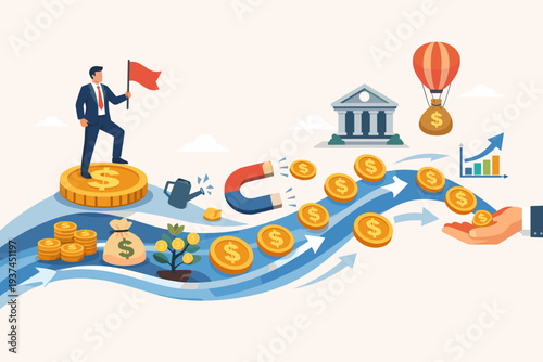 Financial Cash Flow and Investment Concept with Businessman Holding Flag, Money Growth, Fund Raising, Bank Loan, and Wealth Management Illustration for Business Success, Profit, and Capital.