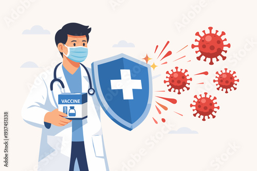 Medical Doctor Wearing Face Mask and Stethoscope Holding Shield and Vaccine Box to Protect Against Coronavirus COVID-19 Outbreak, Healthcare Professional Defending Health with Immunization.