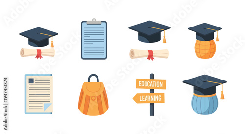 Education and graduation icons set including diploma, graduation cap, clipboard, backpack, and directional education signs for learning concepts