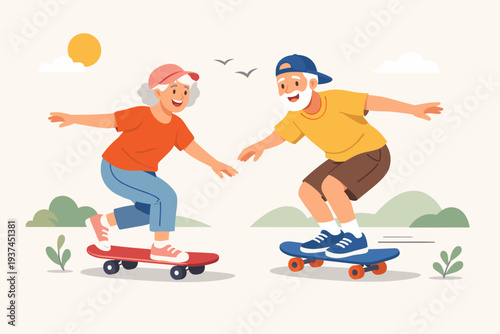 Happy Active Senior Couple Skateboarding Outdoors, Elderly Man and Woman Enjoying Retirement Life, Healthy Lifestyle and Fitness for Aging People, Healthcare and Insurance Concept Vector Art