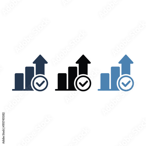 Business Growth Icons with Checkmarks and Arrows Indicating Success and Progress in Graphs