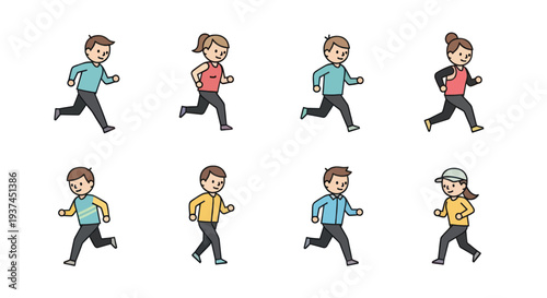 Set of cartoon people running and jogging in casual and sportswear isolated on white background, fitness and exercise concept illustration