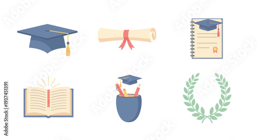 Education and graduation icons set with mortarboard, diploma, certificate, open book, stationery cup, and laurel wreath for academic achievements