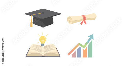 Education and success concept with graduation cap, diploma, open book with light bulb, and upward growth chart for learning and achievement visuals