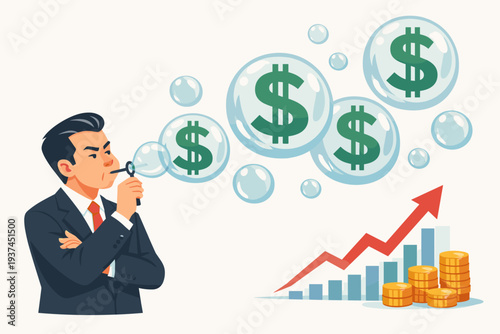 Businessman blowing soap bubbles with dollar signs inside, representing an economic stock market bubble and financial speculation with a rising growth chart and gold coins in the background.
