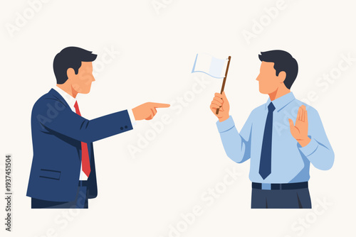 Business Man Holding White Flag to Stop Argument and Defuse Conflict with Aggressive Colleague, Concept of Surrender, Compromise, Negotiation, De-escalation and Peace in the Workplace