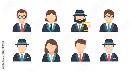 Set of diverse business people avatars flat icons with professional attire and accessories, ideal for corporate presentations and business websites