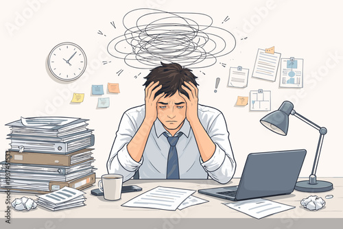 Overwhelmed businessman at a messy office desk with piles of documents and a laptop, experiencing extreme stress, burnout, and mental exhaustion with a chaotic scribble cloud above his head.