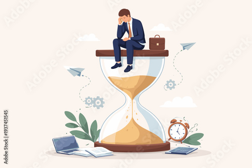 Stressed businessman sitting on top of a giant hourglass, symbolizing time management, procrastination, and missed deadlines. Concept of wasting time, ineffective thinking, and business delay.