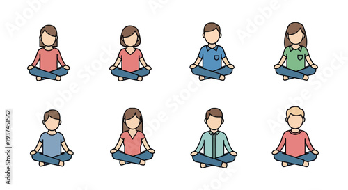 Set of diverse people meditating in lotus position flat style icons, yoga and mindfulness concept illustration for wellness and relaxation projects