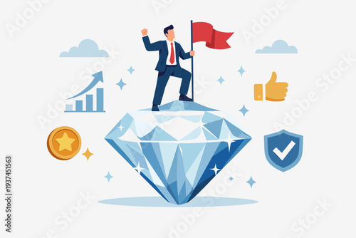 Businessman standing on a giant diamond holding a flag representing value proposition, company success, marketing benefits for customers, business growth, quality service, and reliability.