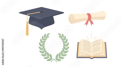 Graduation cap diploma wreath and open book set for education achievement and academic success design, ideal for learning and graduation projects