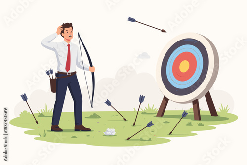 Businessman Missing Target with Bow and Arrow, Concept of Failure, Mistake, and Wasted Effort, Frustrated Employee Failing to Achieve Goal, Poor Performance and Bad Strategy, Vector Illustration.