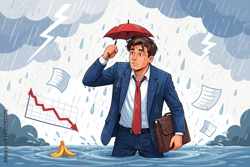 Stressed businessman in a flood during a storm with a tiny umbrella, representing business failure, bad luck, poor risk management, economic crisis, and wrong decisions in vector illustration.