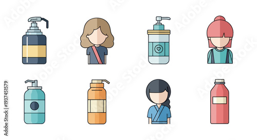 Hand sanitizer bottles and faceless female characters set in flat style, health and hygiene icons for wellness and personal care design