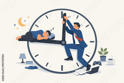 Businessman Struggling with Work Life Balance Pushing Clock Hands while Sleeping on Other Hand, Concept of Overtime, Burnout, and Time Management in Remote Work and Home Office Vector Illustration