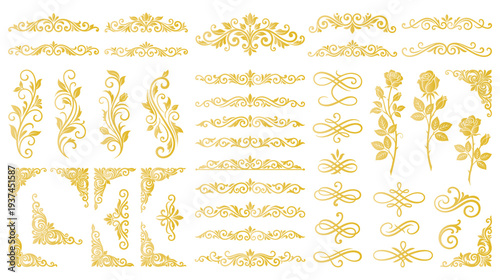 Golden ornamental dividers and floral flourishes set for decoration