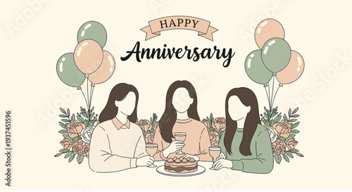 Happy anniversary celebration with three women holding glasses around a cake and floral decorations with balloons, ideal for event and party designs