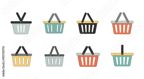 Set of colorful shopping basket icons in flat design, various handle styles and colors, perfect for ecommerce and retail illustrations
