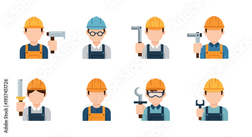 Set of construction workers and handymen icons wearing helmets and overalls holding various tools for building and repair work, ideal for industrial or safety projects