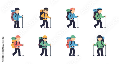 Set of flat style cartoon hikers with backpacks and trekking poles, outdoor adventure and travel illustrations for hiking concepts and outdoor activities