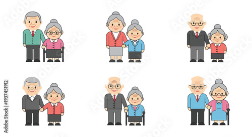 Set of elderly couples holding hands, some with walking aids, in simple flat style vector illustration, ideal for senior care or family care concept