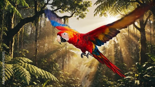 A vibrant macaw soars through a lush, sunlit jungle, its wings a spectacle of red, yellow, and blue hues