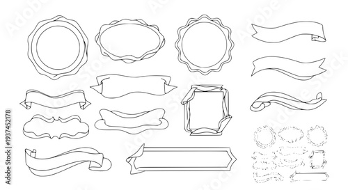 set of decorative organic frames, wavy vintage labels, thin outline, minimal vector style, isolated on white background, flat design, soft shadows, elegant decorative borders