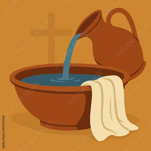 Symbolic Basin Towel and Pitcher Representing Foot Washing Ritual on Maundy Thursday