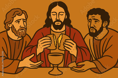 Jesus and Apostles Sharing Bread at the First Eucharist During Maundy Thursday Last Supper