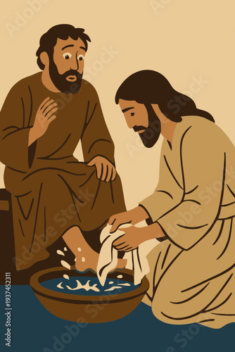 Humble Act of Jesus Washing Apostle Peter's Feet on Maundy Thursday Evening