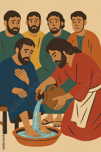 Jesus Pouring Water into Basin to Wash Disciples' Feet on Maundy Thursday