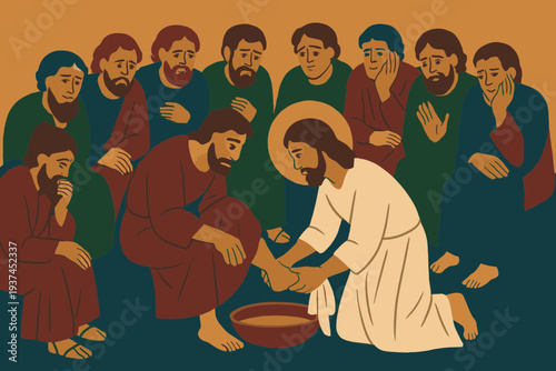 Group of Apostles Having Feet Washed by Jesus in Maundy Thursday Ceremony